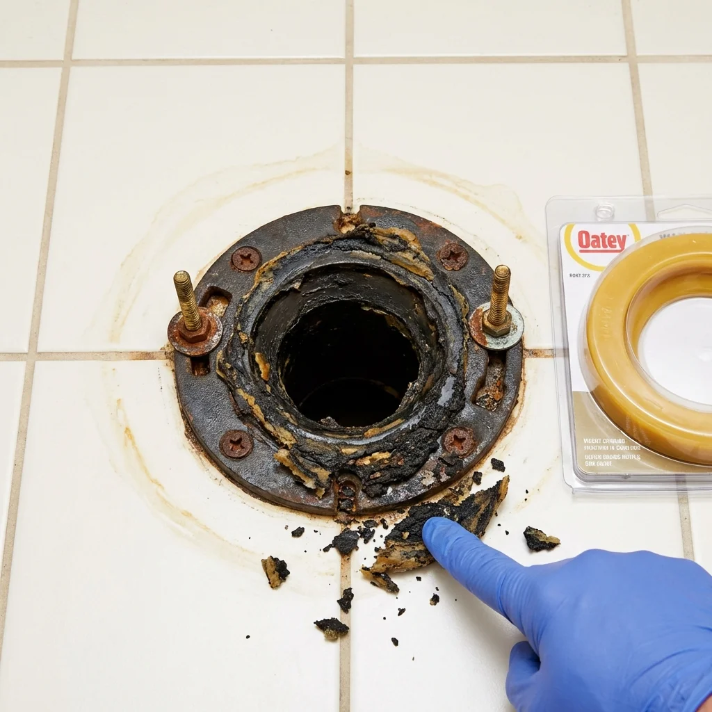 Failed wax ring showing water seepage at the base of a toilet in a Elwood, IN home
