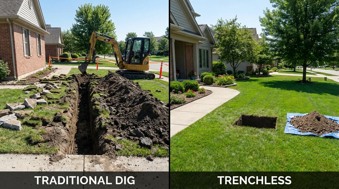 Trenchless sewer repair with minimal yard damage versus traditional excavation in Elwood, IN