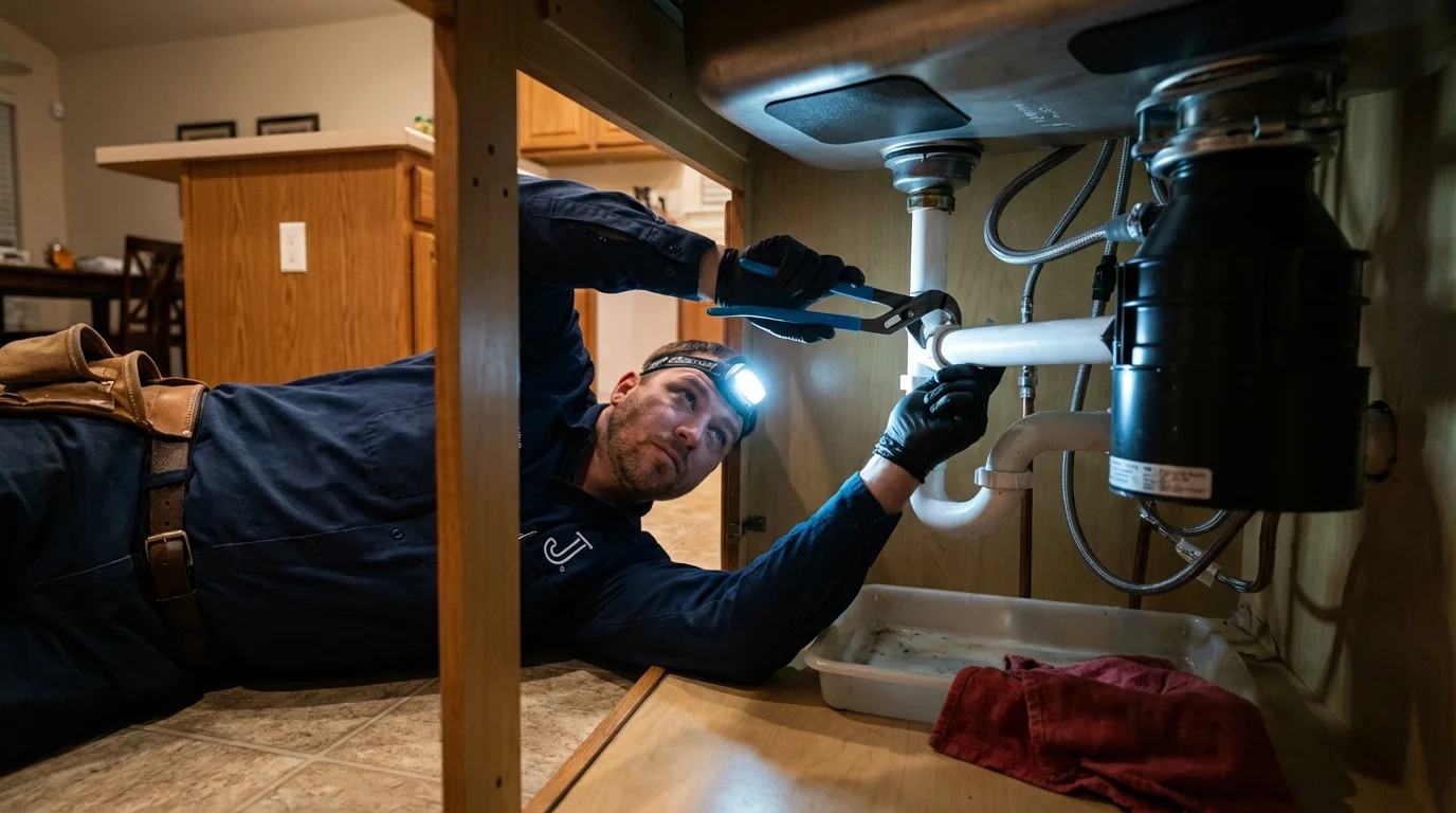 P-trap and supply line connections under a kitchen sink showing a common leak point in Elwood, IN
